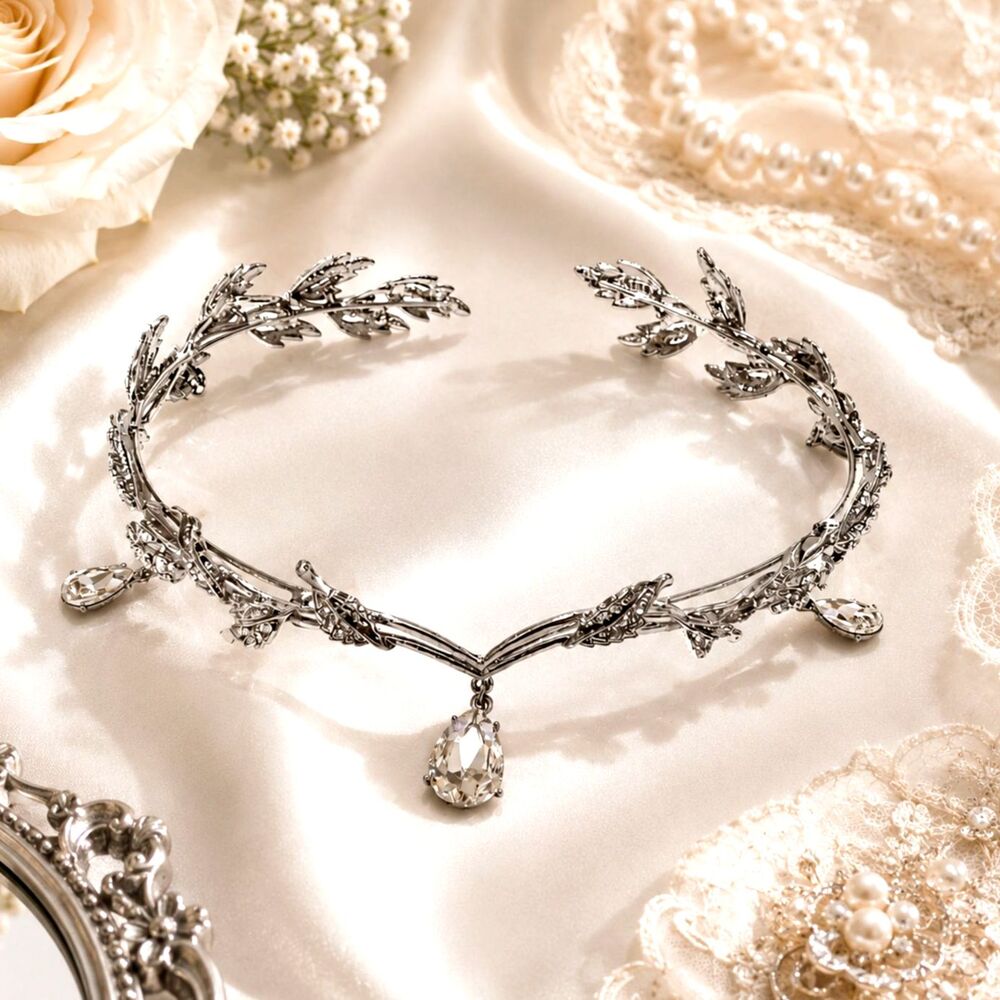 Silver Tone Rhinestone Leaf Crown with Crystal Teardrops